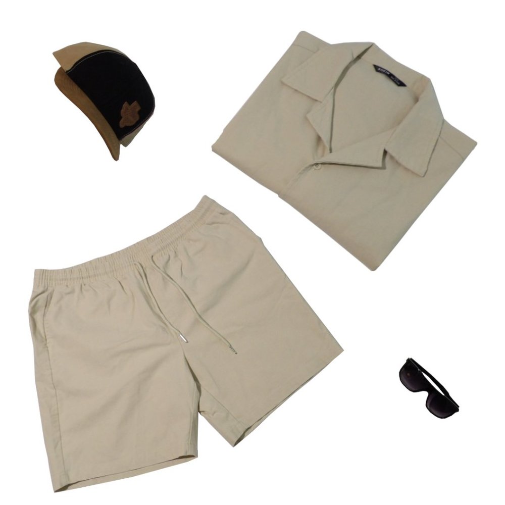 Solid Set Regular Fit Notch Lapel Neck Blouse & Relaxed Shorts